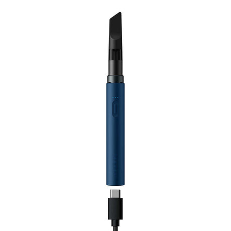 Slim, vertical Vessel Core 510 Thread Battery vaporizer with a mouthpiece, button, three LED indicators, and a dangling USB-C charging cable, showcasing sleek design and functionality.