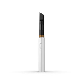 Cordless mini desktop vacuum with a white rechargeable handle, gold collar, and black crevice nozzle, designed for precise dust pickup on keyboards and desk corners.