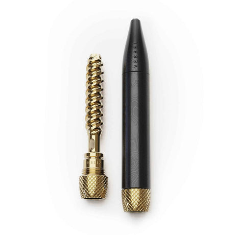 Helix Premium One Hitter, showing a spiral screw for herb loading and a cylindrical carry case, designed for enhanced airflow and cooling in a compact form.