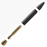Exploded view of Helix Premium One Hitter showing black aluminum end-caps, hollow barrel, gold-plated extractor bit, and knurled brass retention cap, illustrating its compact design.