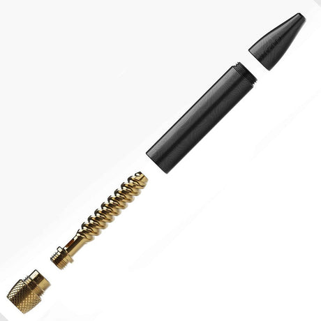 Exploded view of Helix Premium One Hitter showing black aluminum end-caps, hollow barrel, gold-plated extractor bit, and knurled brass retention cap, illustrating its compact design.