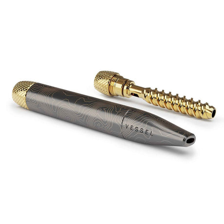 Helix Premium One Hitter: graphite-gray body with topographic graphics, gold spiral-textured mouthpiece, compact design for discreet herbal vaping, enhancing airflow and cooling.