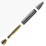 Helix Premium One Hitter components displayed: conical mouthpiece, cylindrical body with topographical pattern, gold-plated helical insert, and knurled brass cap, illustrating assembly sequence.