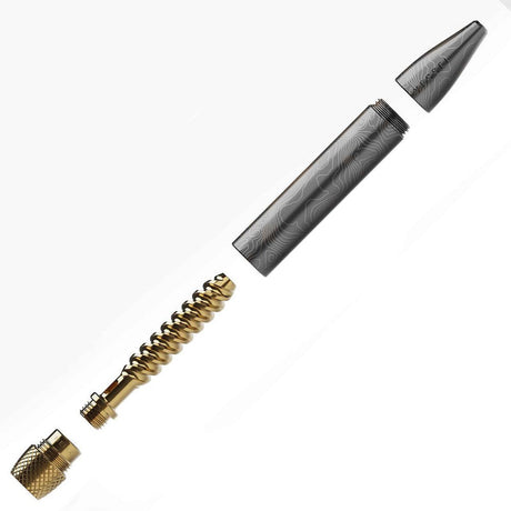 Helix Premium One Hitter components displayed: conical mouthpiece, cylindrical body with topographical pattern, gold-plated helical insert, and knurled brass cap, illustrating assembly sequence.