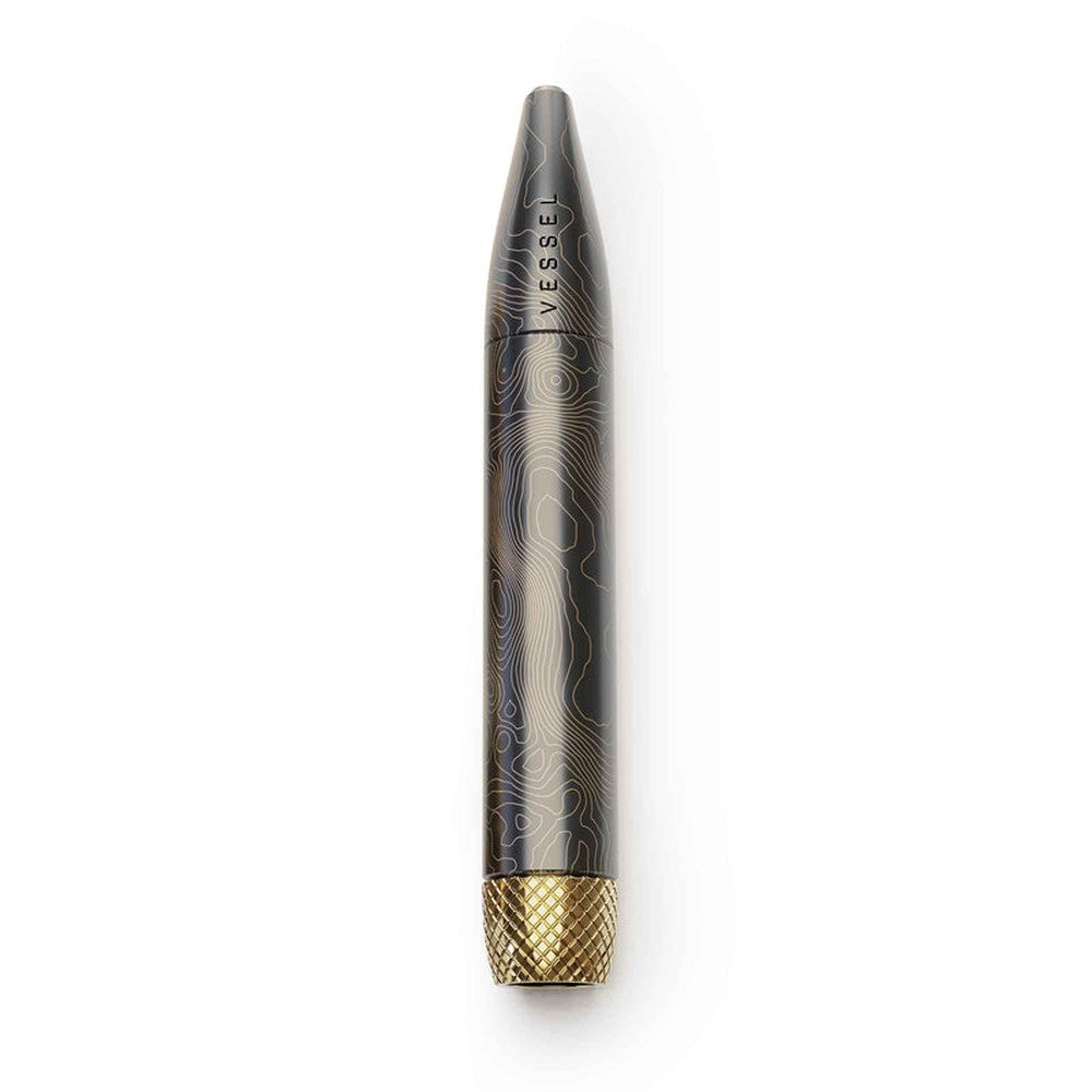Vessel Helix Premium One Hitter: black, pen-shaped vaporizer with contour-line graphics, gold knurled base for cartridge attachment, featuring innovative airflow-enhancing design.