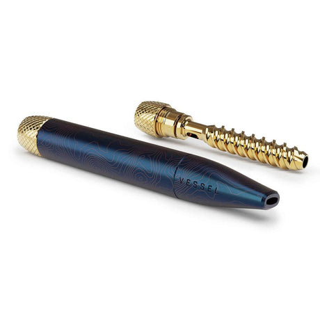 Vessel Helix Premium One Hitter, a sleek two-piece pipe with a blue anodized tube and gold brass stem, featuring topographic engravings for discreet storage and travel.