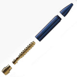 Helix Premium One Hitter components disassembled: brass end cap, gold-plated coil, blue aluminum body with pattern, and blue conical mouthpiece, forming a compact vaporizer.