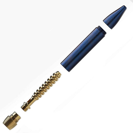 Helix Premium One Hitter components disassembled: brass end cap, gold-plated coil, blue aluminum body with pattern, and blue conical mouthpiece, forming a compact vaporizer.
