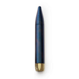 Helix Premium One Hitter, a blue topographic-patterned metal capsule with VESSEL branding and a knurled brass cap, designed for enhanced airflow and cooling.