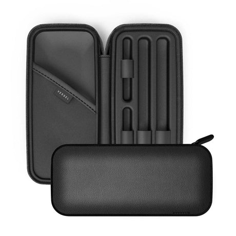 Rover Storage Case - Black, open to reveal foam slots for four pen-shaped items and a flat pocket, alongside its closed exterior, showcasing the sleek protective design.
