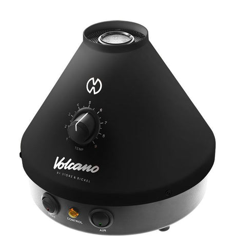 VOLCANO CLASSIC Dry Herb Vaporizer features a conical design, temperature dial, status LEDs, and stainless-steel heating chamber, offering reliable performance and durability.