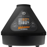 VOLCANO HYBRID Dry Herb Vaporizer, featuring a black cone-shaped body with digital display and control buttons, offering dual-inhalation options and rapid heat-up.