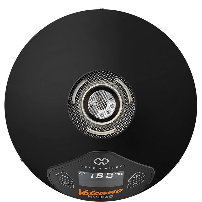 Top view of VOLCANO HYBRID Dry Herb Vaporizer showing circular heating chamber, digital display at 180°C, and control buttons for heat and airflow.