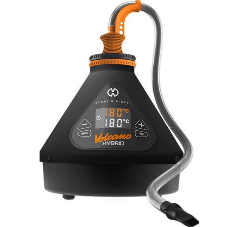 VOLCANO HYBRID Dry Herb Vaporizer with digital display at 180°C, featuring whip for inhalation, heat/airflow controls, and touchscreen interface for customizable sessions.