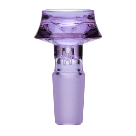 Cauldron Flower Bowl - 14mm, a purple-tinted glass piece with a distinctive cauldron design, fits securely into a bong's down-stem for stylish, functional use.