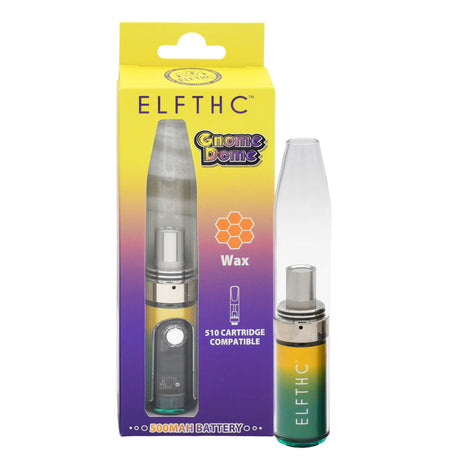 Gnome Dome Mini Vape Rig For Dabs, a compact pen-style vaporizer with a clear mouthpiece, 510-thread battery, and removable glass chamber for wax concentrates.