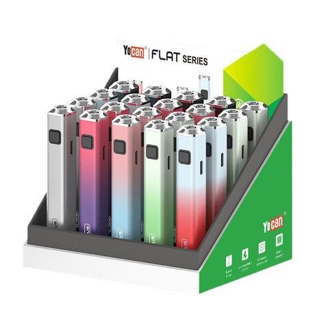 Display of 20 Yocan Flat Plus Edition vape batteries with square-shaped aluminum exterior, featuring variable voltage settings and USB Type-C charging.