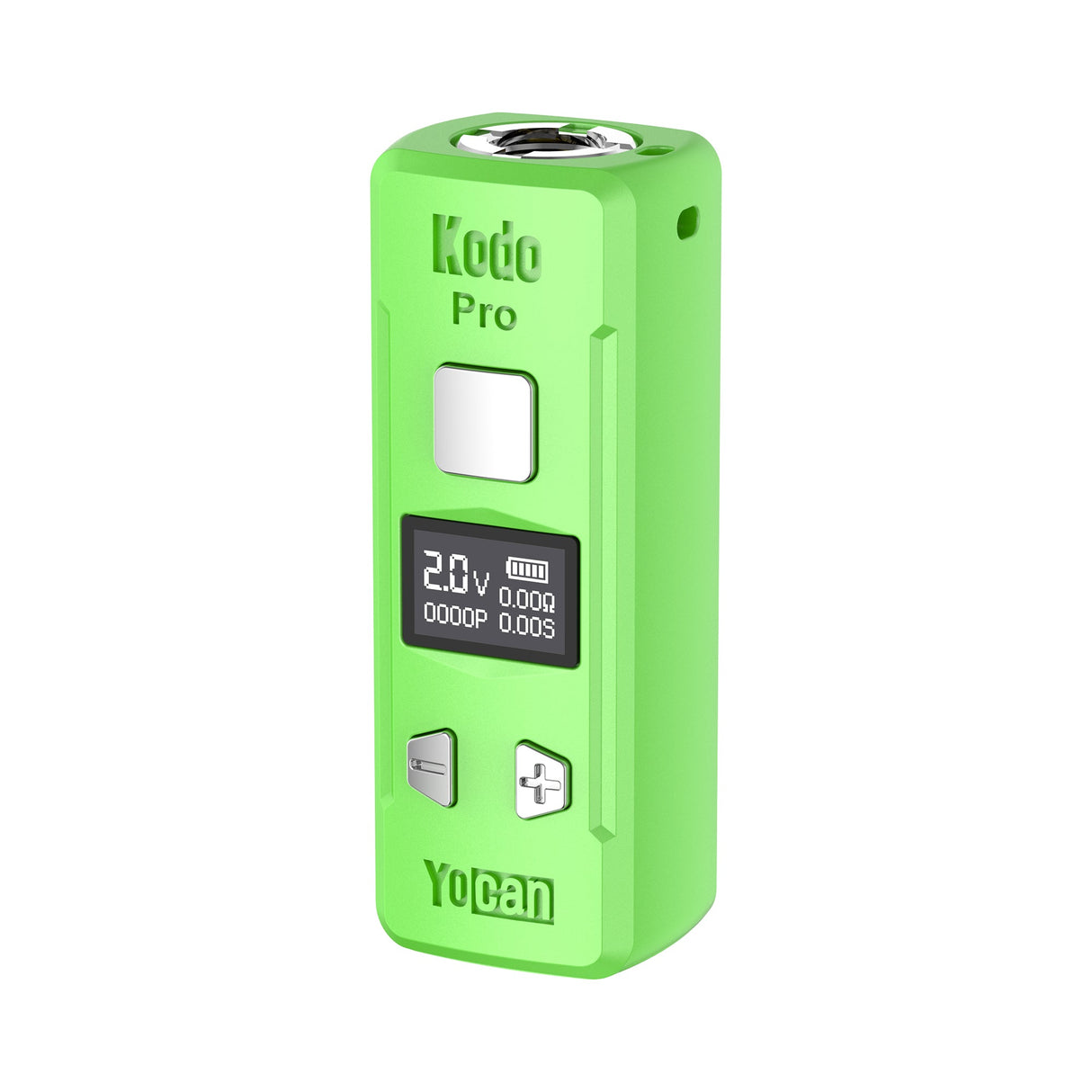 Kodo Pro Digital 510 Battery: Compact bright-green box-mod with OLED display, 510-thread top, adjustable voltage, and “+” “–” buttons for customizable vaping sessions.