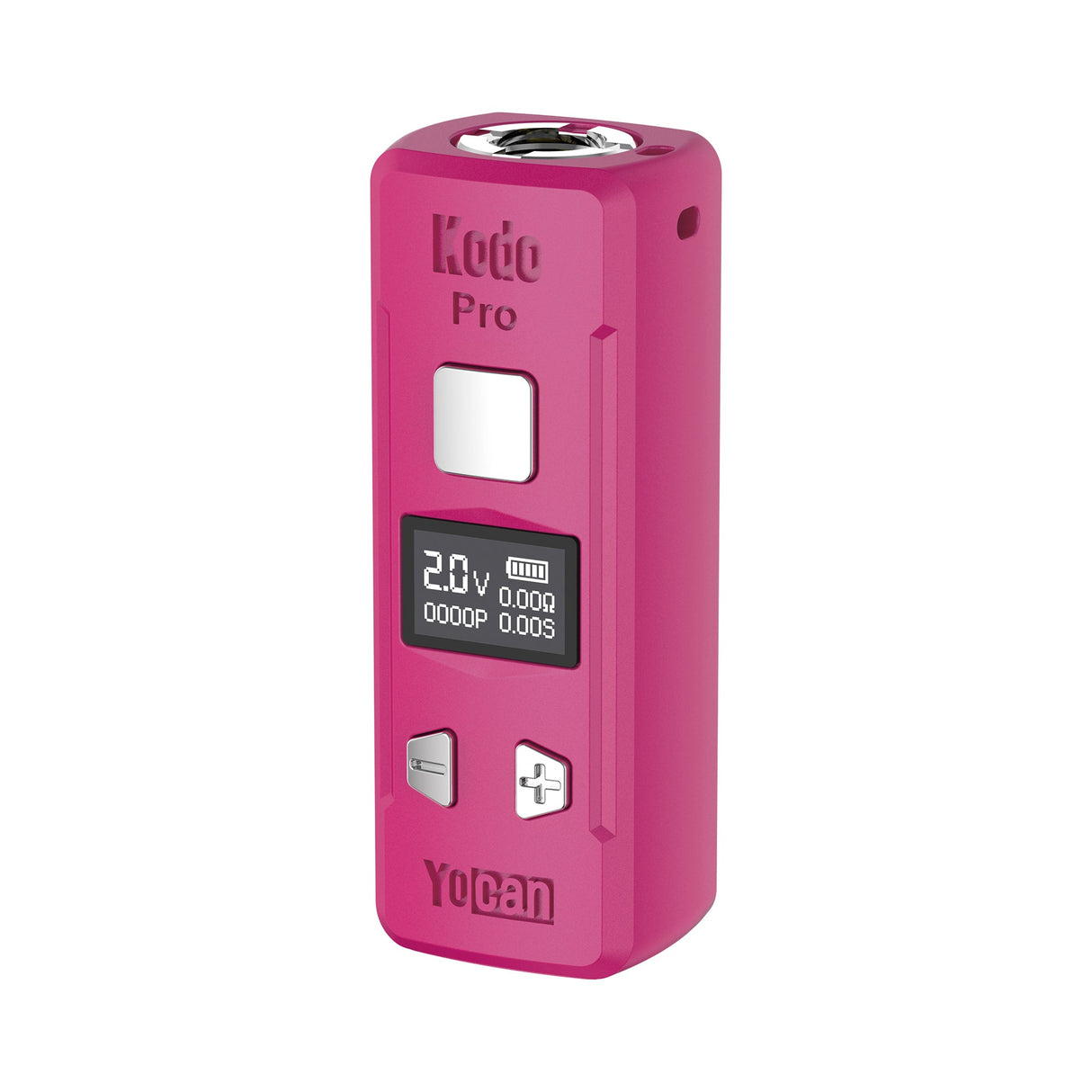 Kodo Pro Digital 510 Battery displays OLED screen, fire button, voltage controls, and 510 connector, showcasing its compact design for customizable vaping.