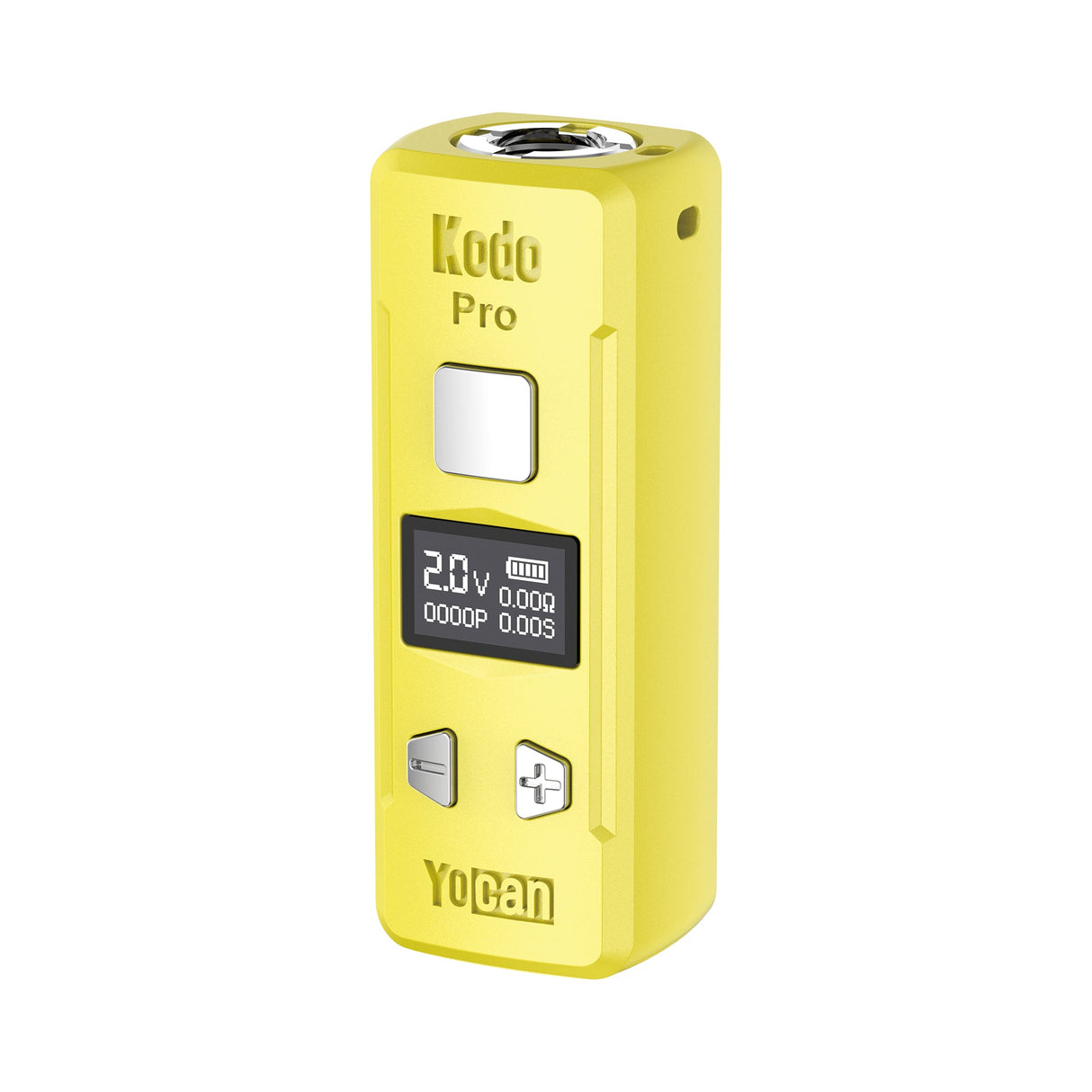Kodo Pro Digital 510 Battery 1 unit: Compact yellow box-mod vape battery with adjustable voltage, OLED display, firing and adjustment buttons, and 510-thread compatibility.
