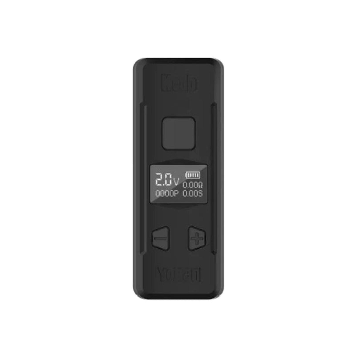 Kodo Pro Digital 510 Battery: compact black vaping mod with OLED display, adjustable voltage, square fire-button, plus/minus rocker, showing voltage, resistance, puff count, and seconds.