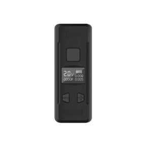 Kodo Pro Digital 510 Battery: compact black vaping mod with OLED display, adjustable voltage, square fire-button, plus/minus rocker, showing voltage, resistance, puff count, and seconds.