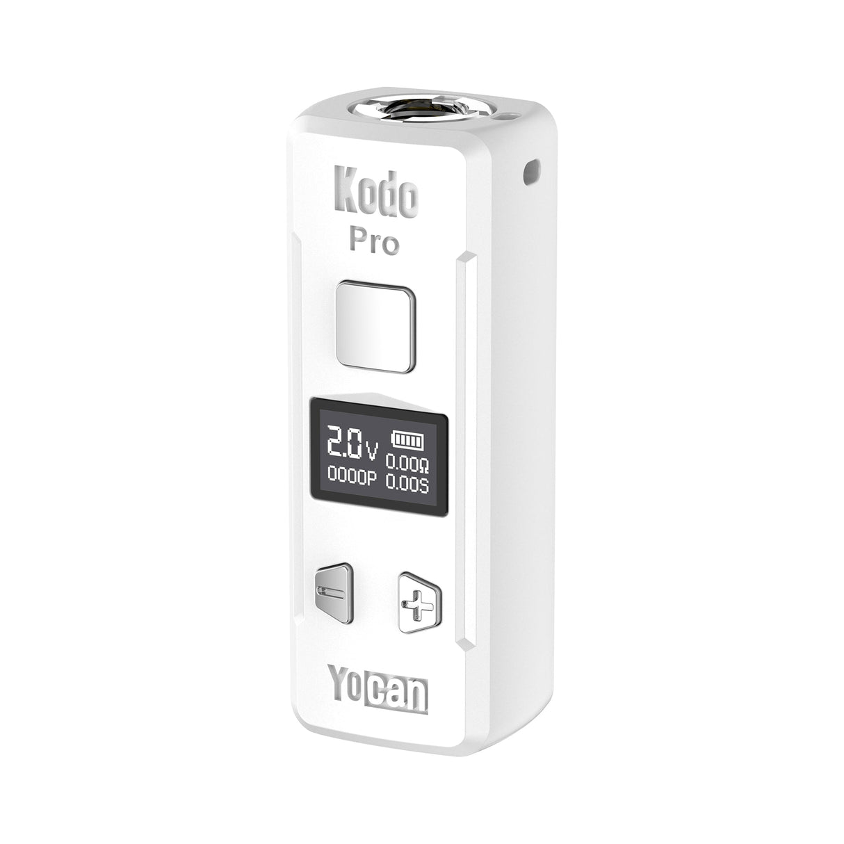 Kodo Pro Digital 510 Battery features a square firing button, OLED screen for voltage display, and adjustment buttons, with a top 510-thread connector for cartridges.