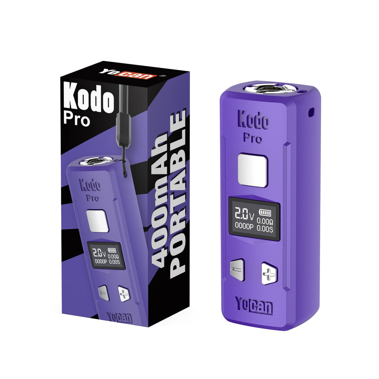 Kodo Pro Digital 510 Battery 1 unit with OLED display, square firing button, and adjustment controls, shown with branded packaging. Compact design for customizable, portable vaping.