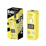 Kodo Pro Digital 510 Battery, yellow, with digital display, fire button, adjustment buttons, and 510 connector. Retail packaging highlights 40W portability.