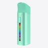 Pocket Concentrate Vaporizer: Mint-green, cylindrical vaporizer with a slanted mouthpiece, OLED display showing battery and temperature, designed for premium wax vaping with ergonomic features.