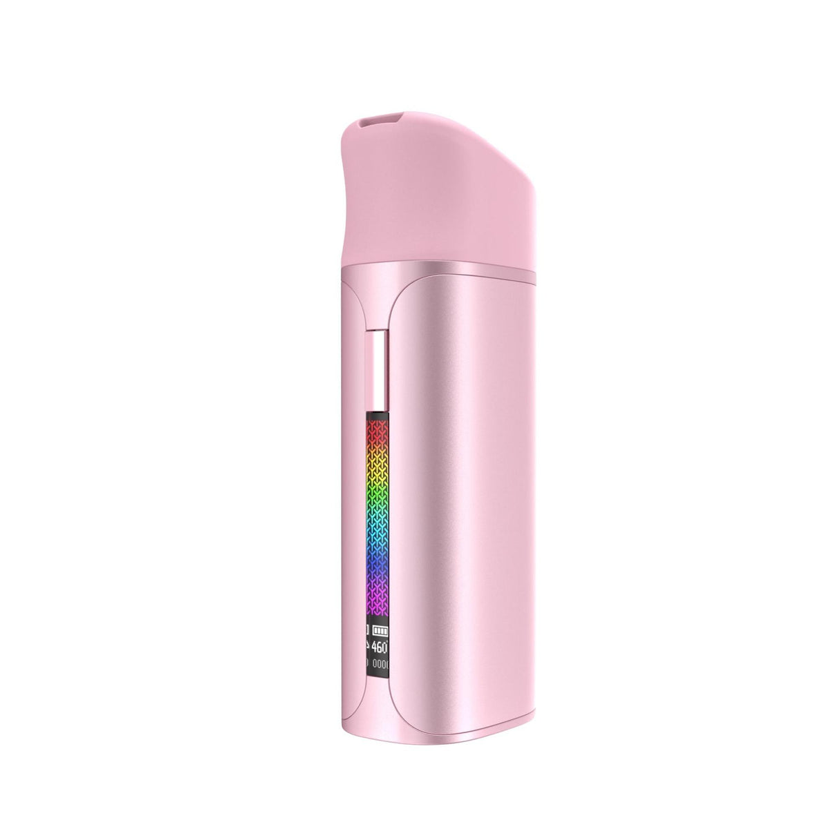 Pink Pocket Concentrate Vaporizer with rainbow label, featuring a cylindrical design, advanced Cloud³ chamber, and ergonomic shape for portable and precise wax vaping.