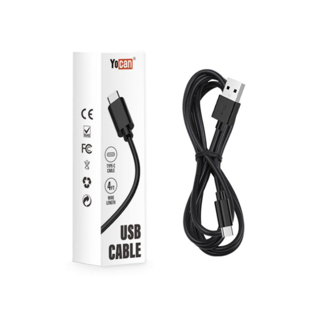 Yocan USB Type-C Cable - Carton of 10: Includes a 4-foot USB-A to USB-C cable, shown with its retail packaging, ideal for fast, reliable charging.