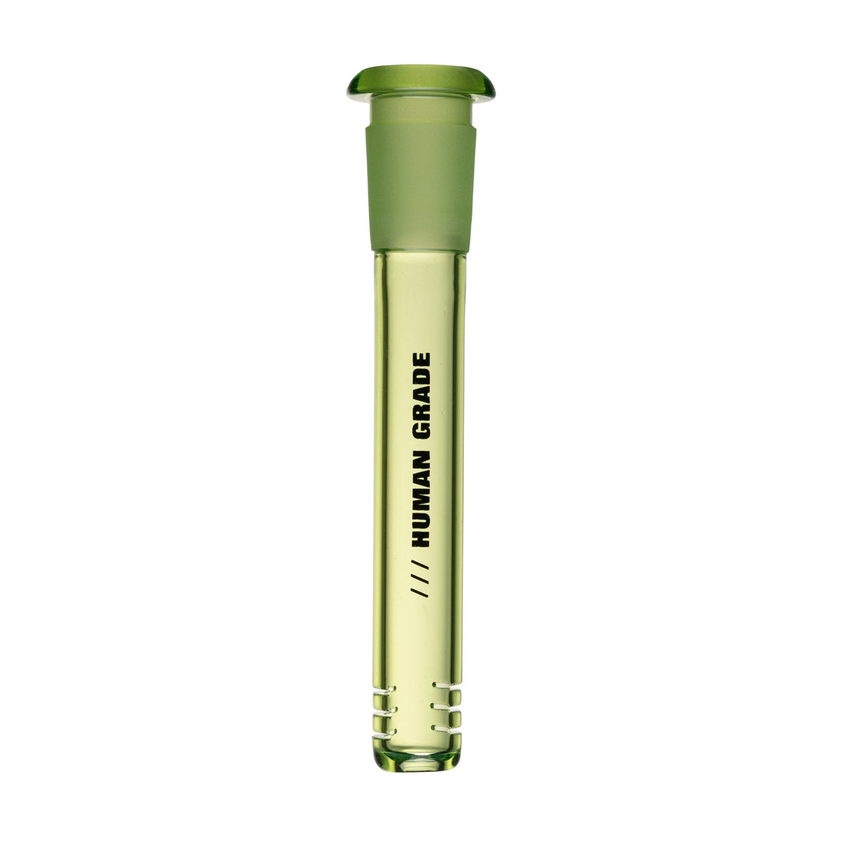 Green-tinted glass downstem with slotted diffusion ports and frosted joint, branded HUMAN GRADE, for 14mm female joints, 4.5 length.