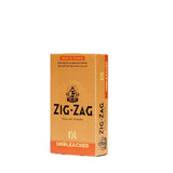 Zig-Zag 1 1/4 Unbleached Rolling Paper box with black logo, showcasing premium, natural, ultra-thin papers for a smooth, slow-burning smoking experience.