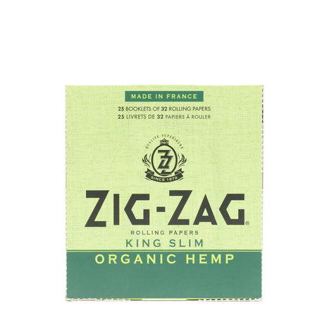 King Slim Hemp Rolling Paper box, featuring Zig-Zag® logo and text, emphasizing organic hemp from sustainable sources for a smooth, natural smoking experience.