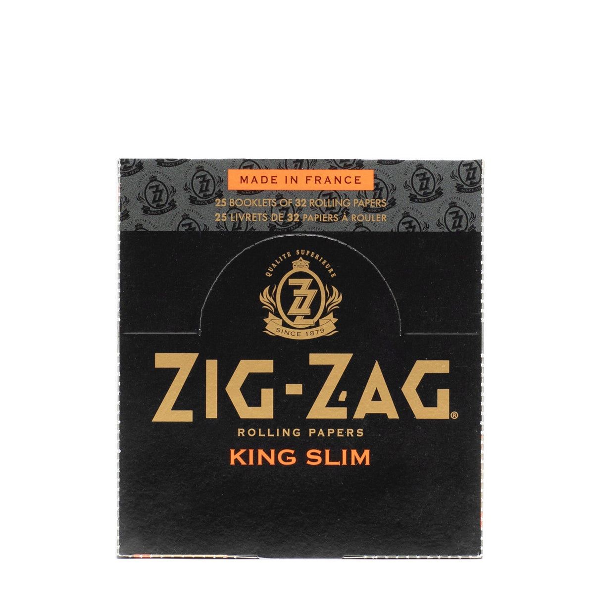 Zig-Zag® King Slim Rolling Papers packaging with gold text and logo, designed for longer, wider joints, offering a premium, slow-burning smoking experience.