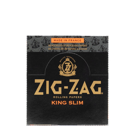 Zig-Zag® King Slim Rolling Papers packaging with gold text and logo, designed for longer, wider joints, offering a premium, slow-burning smoking experience.