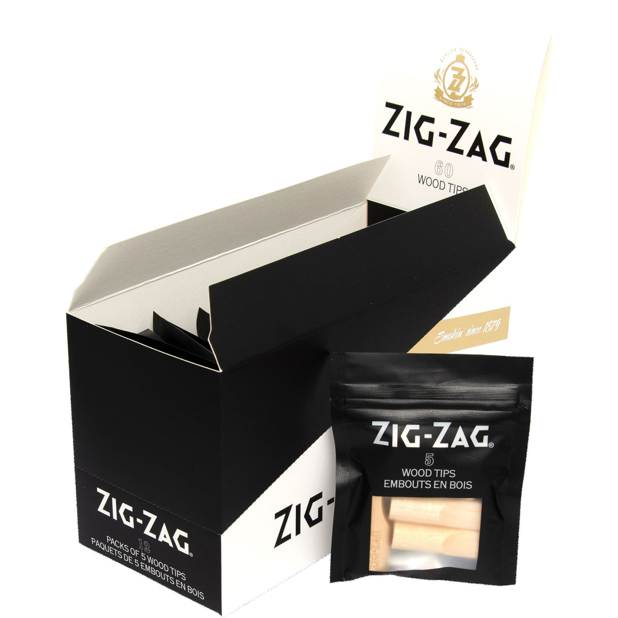 Rolling Paper Tips - Wood - Pack of 12: Black and white packaging containing wooden tips designed for enhancing smoking experience by improving filtration and airflow.