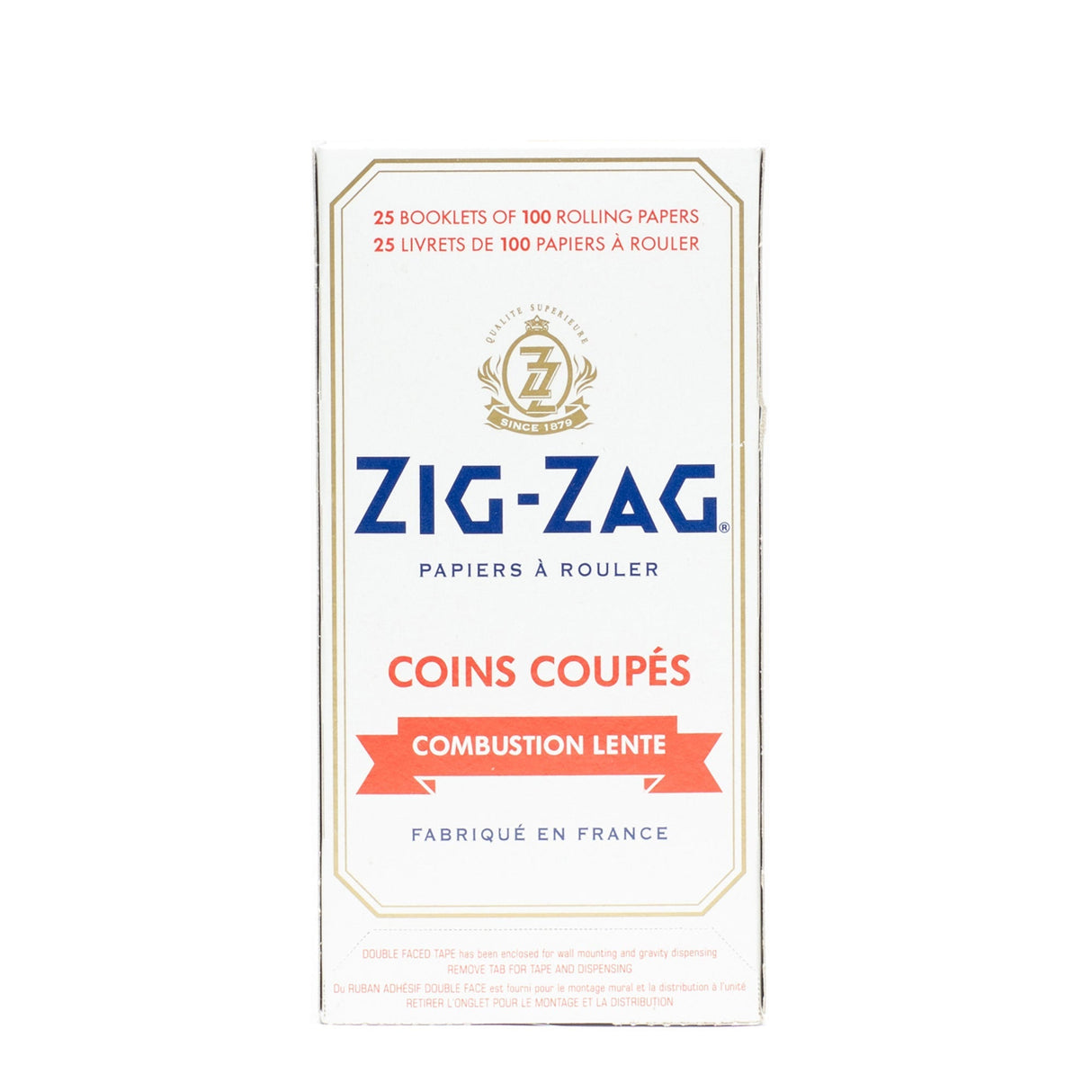 Single Wide White Kutcorners Rolling Paper box featuring Zig-Zag branding and text, highlighting natural flax fibers and gum Arabic for slow burning and easy rolling.